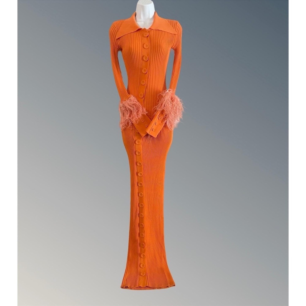 FUMI Marigold Orange Ribbed Knit Maxi Dress Size XS Feather Cuff Full Button Up